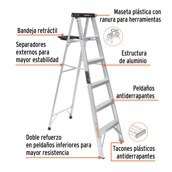 Escalera de tijera 100% aluminio tipo lll 6 peldaños, Truper