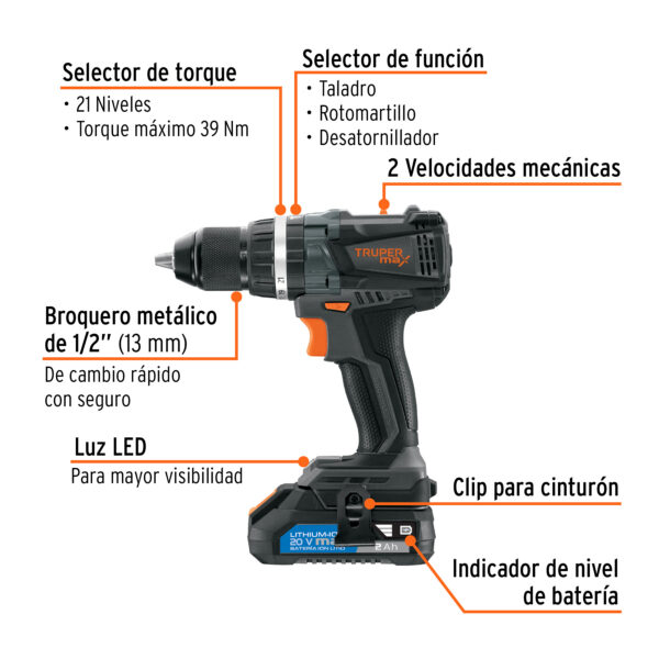 Rotomartillo inalámbrico 1/2", 20V, s/accesorios, TRUPER MAX