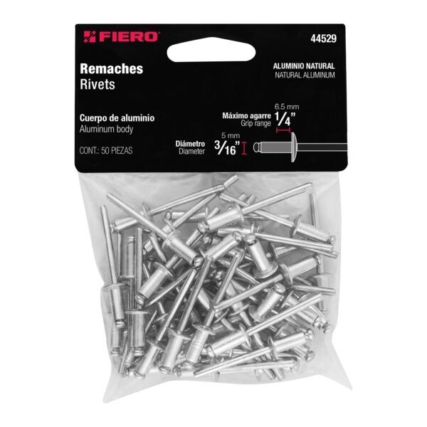 Bolsa con 50 remaches 3/16' de aluminio, ala 3/8'