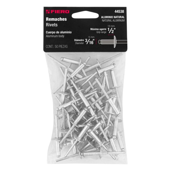 Bolsa con 50 remaches 3/16' de aluminio, ala 17/32'