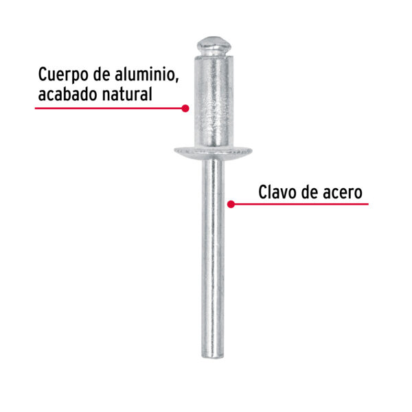 Bolsa con 50 remaches de 1/4' x 1/2' de aluminio, ala 1/2'