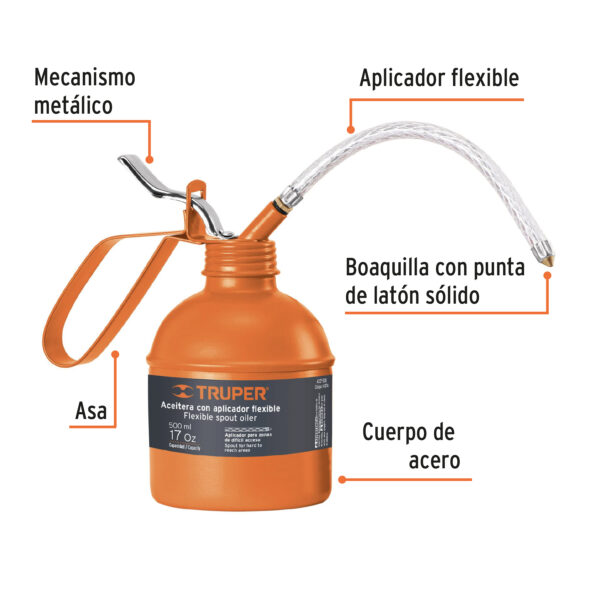 ACEF-500+FC1 Aceitera de 500 ml (17 oz) con aplicador flexible, Truper