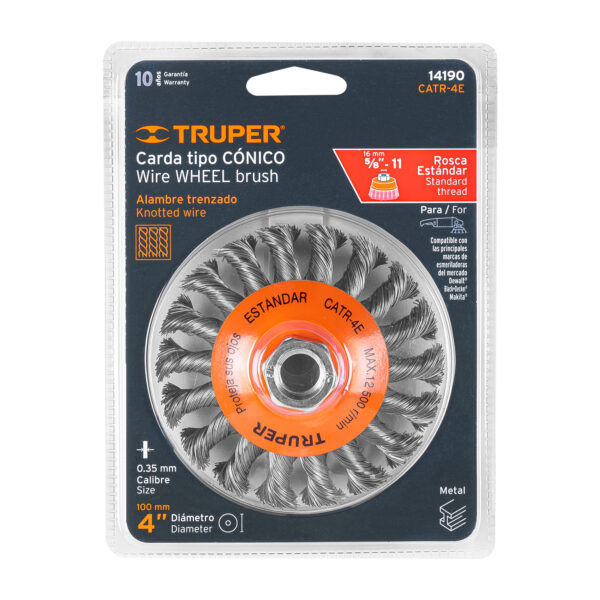 Carda tipo cónico 4' alambre trenzado, eje 5/8'-11, Truper