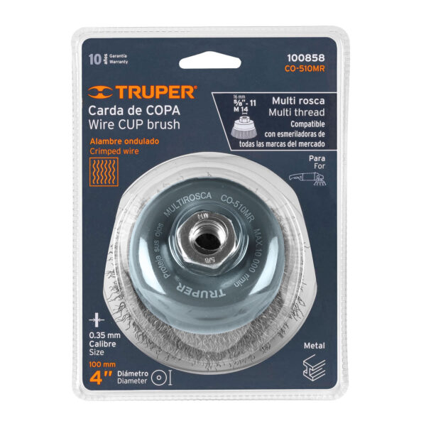 CO-510MR+E1 Carda copa 4' alambre ondulado fino, Multi-rosca, Truper