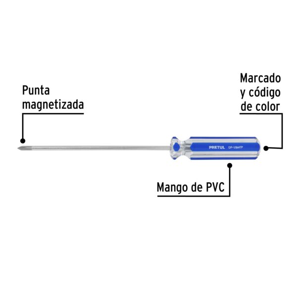 Desarmador de cruz 1/8' x 4' mango de PVC, Pretul