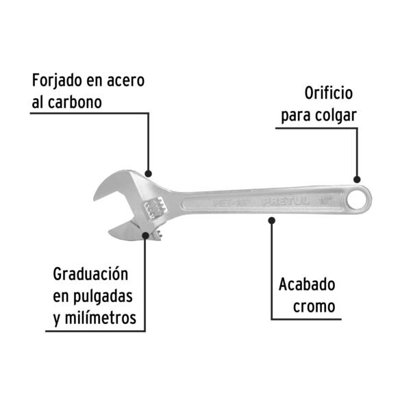 PET-10P+FC1 Llave ajustable (perico) 10' cromada, Pretul